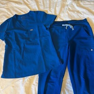 Figs royal blue one pocket scrub top and tall Yola high waisted scrub pant